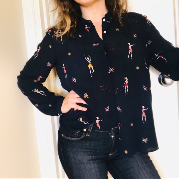 Zara Tops - ZARA Basic Blue Print Button Down Blouse Shirt M